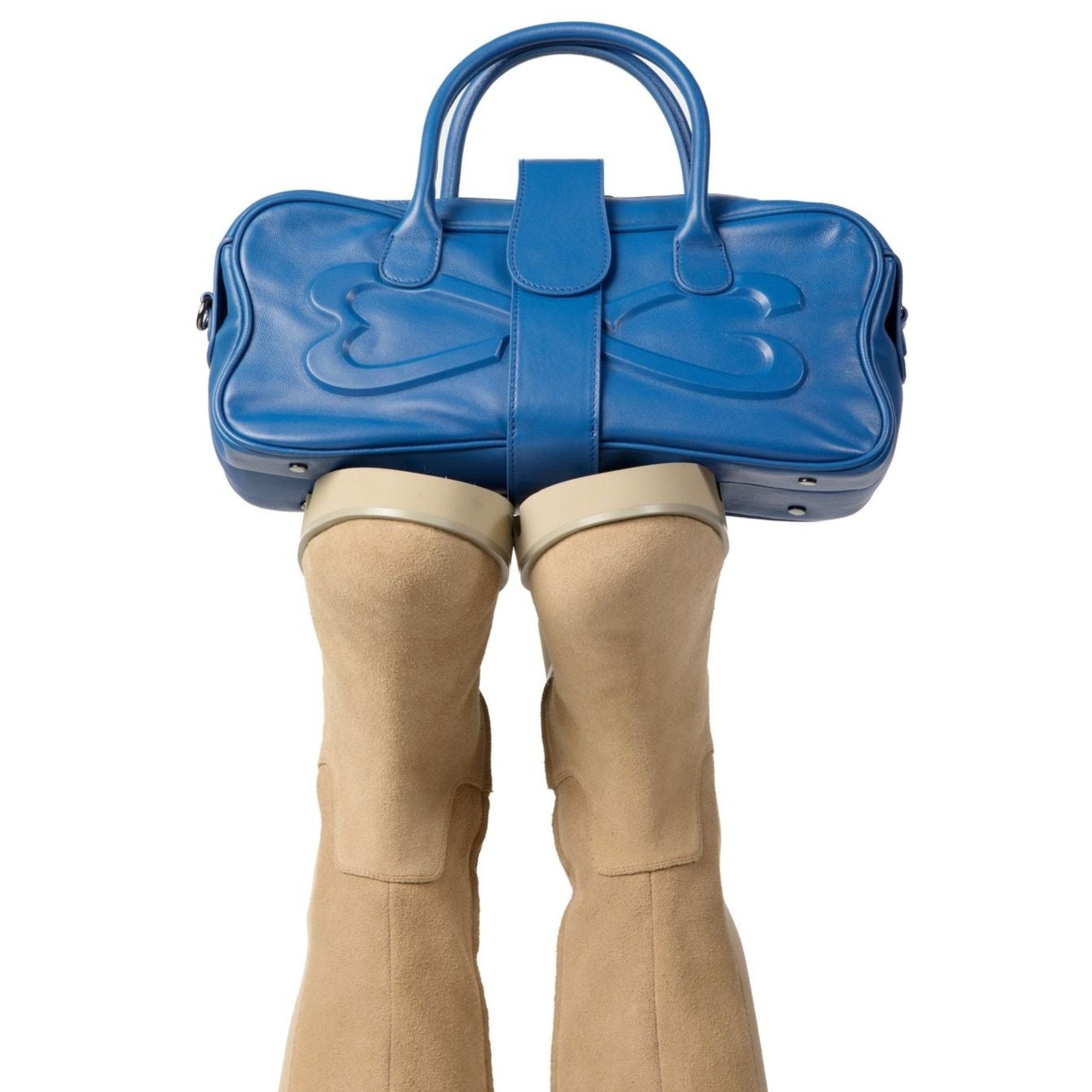 Pecan suede boots with unique nappa blue leather handbag