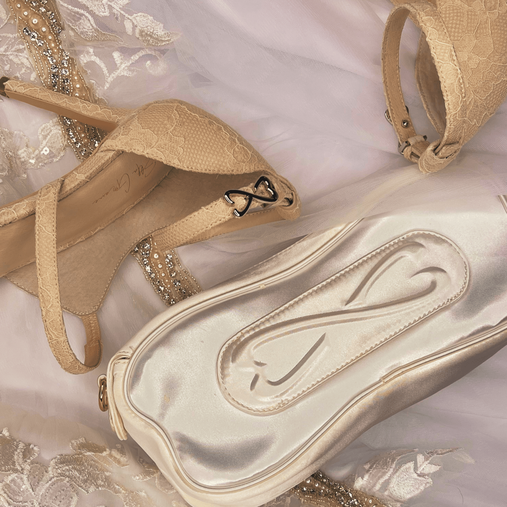 small unique ivory satin bridal handbag with bridal shoes