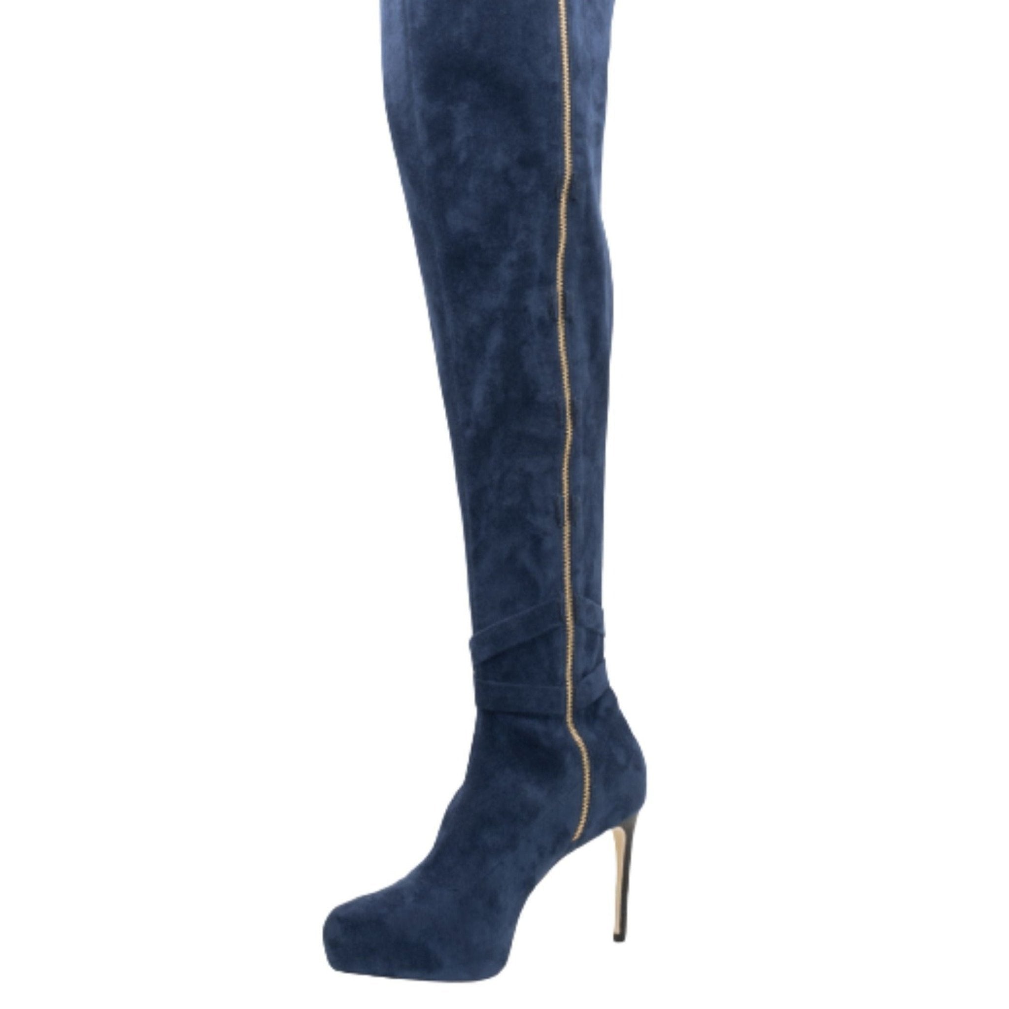 blue suede thigh high boot inside